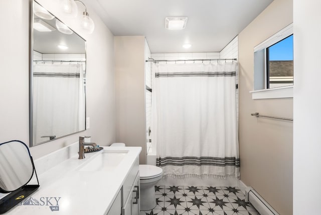 full bathroom featuring tile patterned flooring, a baseboard heating unit, toilet, shower / tub combo with curtain, and vanity