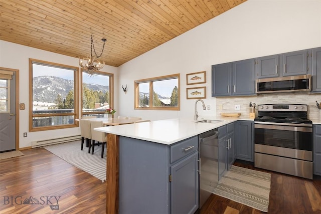 kitchen with sink, a baseboard heating unit, a mountain view, vaulted ceiling, and appliances with stainless steel finishes