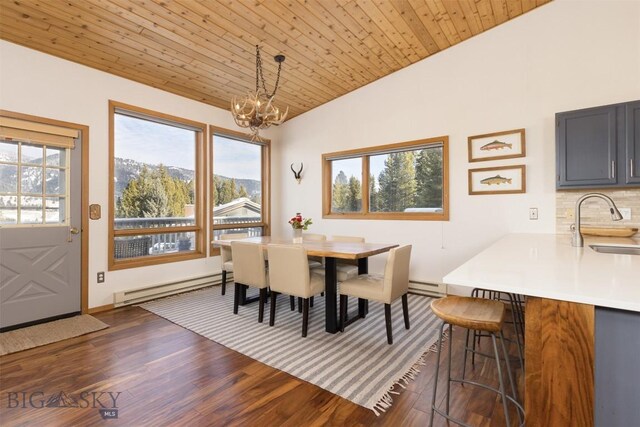 dining room with sink, dark hardwood / wood-style floors, a baseboard heating unit, vaulted ceiling, and wood ceiling