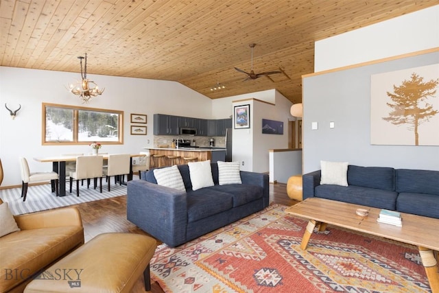 living room with ceiling fan with notable chandelier, light hardwood / wood-style flooring, lofted ceiling, and wood ceiling