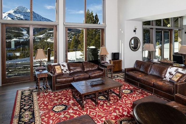 13 Middle Rider, Big Sky, MT 59716 - living room with a towering ceiling, wood finished floors, and a mountain view