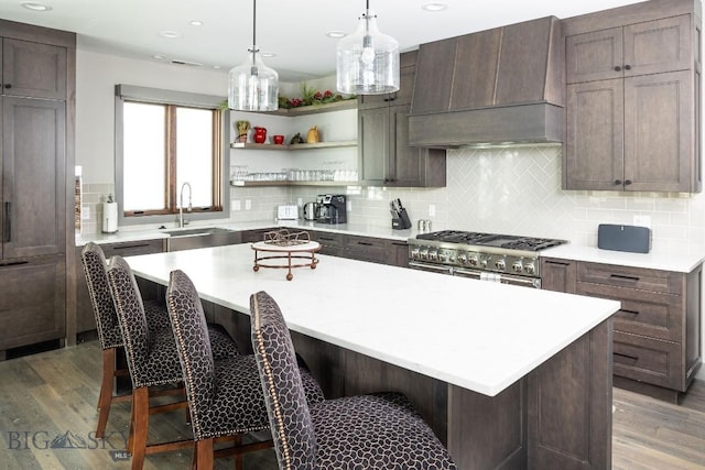 13 Middle Rider, Big Sky, MT 59716 - kitchen featuring custom exhaust hood, light wood-style floors, light countertops, a center island, and open shelves