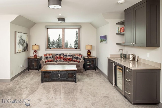 13 Middle Rider, Big Sky, MT 59716 - living room with beverage cooler, light colored carpet, wet bar, and vaulted ceiling