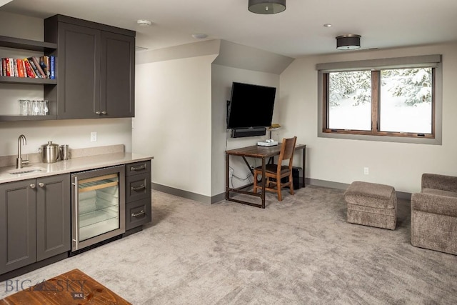 13 Middle Rider, Big Sky, MT 59716 - indoor wet bar featuring beverage cooler, light colored carpet, and lofted ceiling