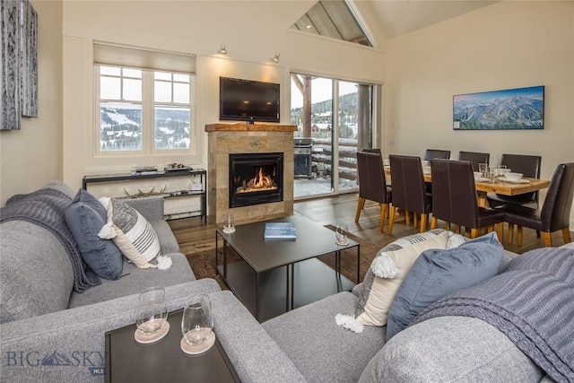 living room with a tiled fireplace, a wealth of natural light, hardwood / wood-style floors, and lofted ceiling