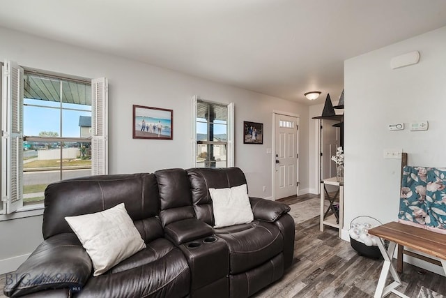 living room with dark hardwood / wood-style flooring