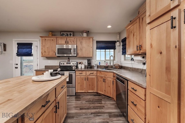 kitchen with sink, dark wood-type flooring, wooden counters, stainless steel appliances, and light brown cabinetry