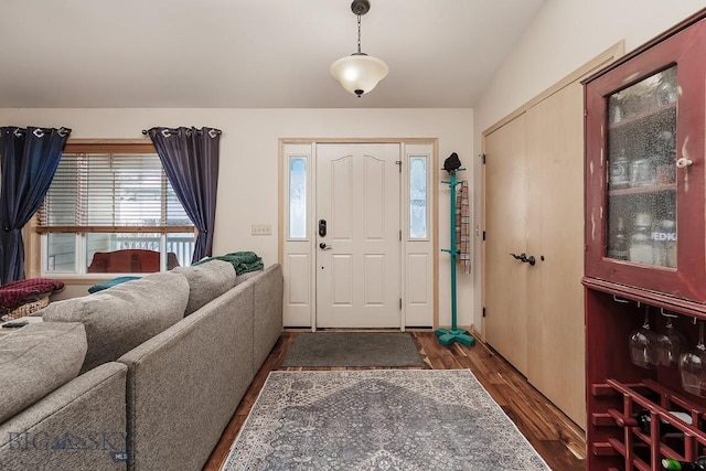 entryway with dark wood-style flooring