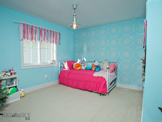 bedroom with light colored carpet