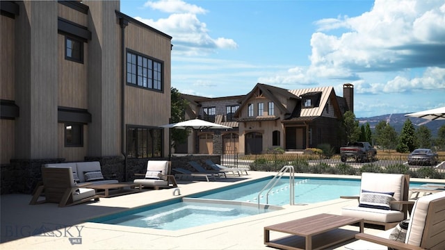 view of swimming pool featuring a mountain view, a community hot tub, and a patio