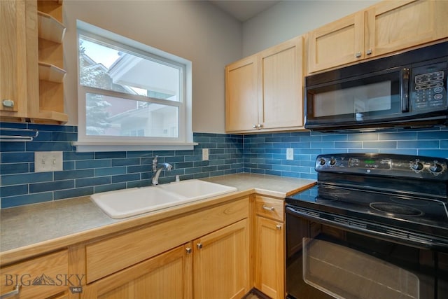 kitchen with decorative backsplash, light brown cabinets, sink, and black appliances