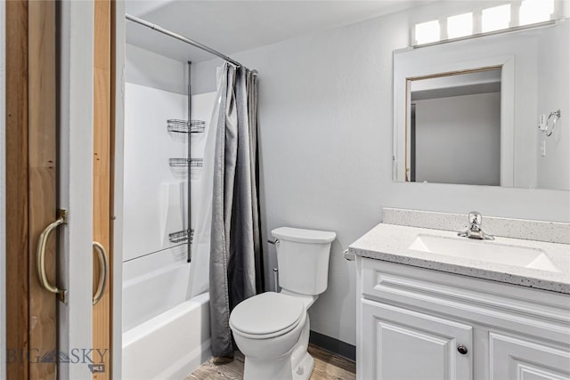 full bathroom featuring vanity, toilet, and shower / bathtub combination with curtain