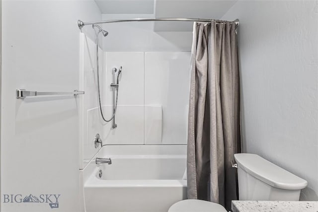 bathroom with shower / bathtub combination with curtain and toilet