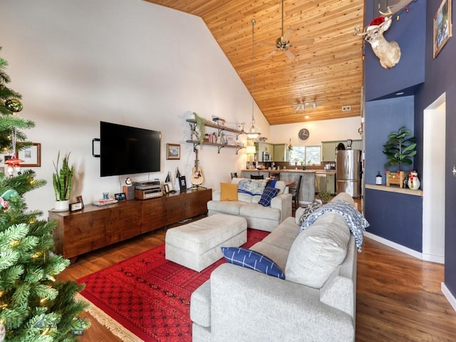 living room featuring high vaulted ceiling, ceiling fan, dark wood-type flooring, and wood ceiling