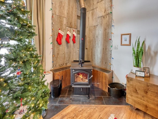 interior details with a wood stove