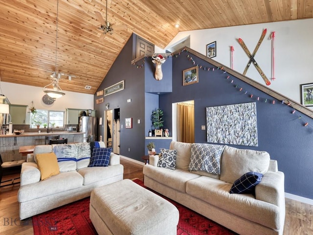 living room featuring hardwood / wood-style floors, ceiling fan, wooden ceiling, and high vaulted ceiling