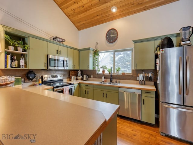 kitchen featuring wooden ceiling, lofted ceiling, stainless steel appliances, and green cabinets