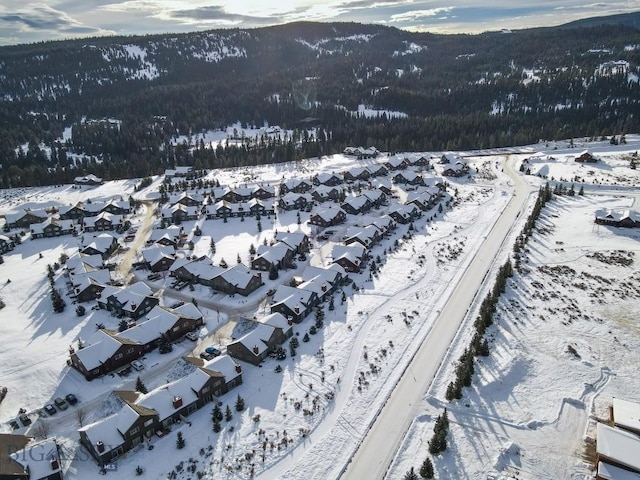 snowy aerial view with a mountain view