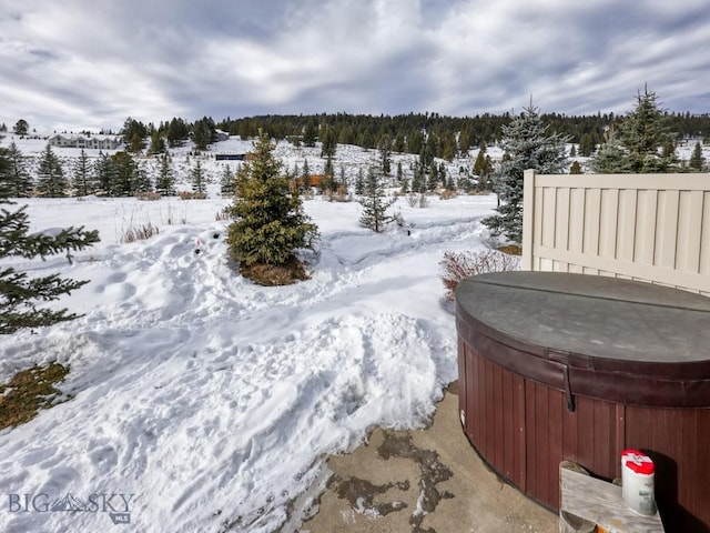 yard covered in snow with a hot tub