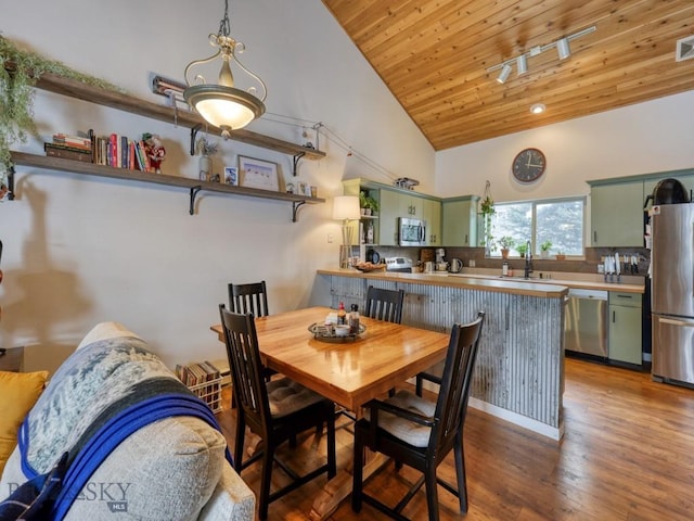 dining space with sink, high vaulted ceiling, wooden ceiling, and dark hardwood / wood-style floors