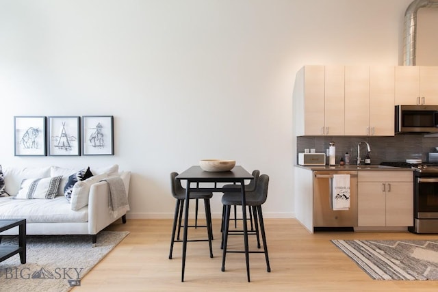 kitchen featuring backsplash, light wood-type flooring, and stainless steel appliances