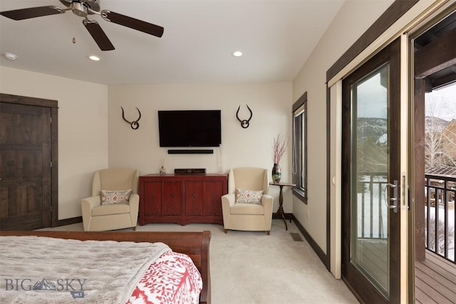 bedroom featuring access to exterior, light carpet, and ceiling fan