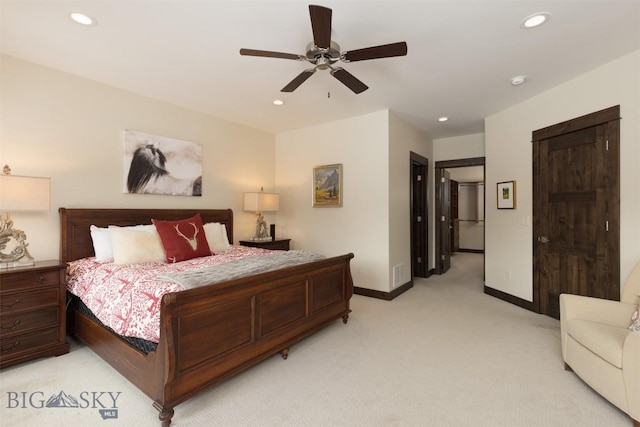 carpeted bedroom featuring ceiling fan