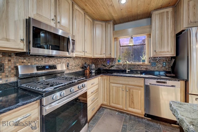 kitchen with decorative backsplash, appliances with stainless steel finishes, wood ceiling, and sink