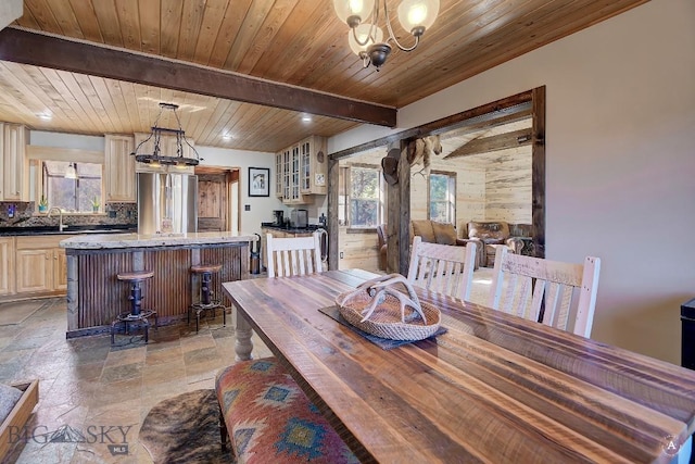 dining space with beam ceiling, wood ceiling, sink, and a chandelier