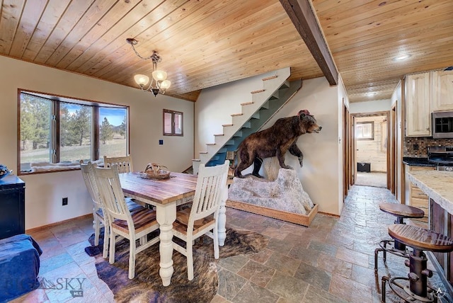 dining space with beam ceiling, an inviting chandelier, and wooden ceiling