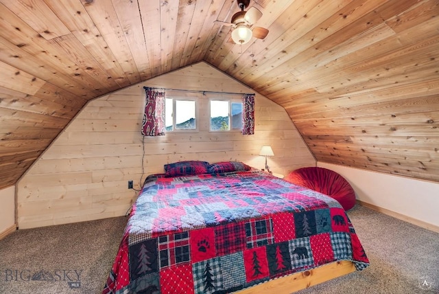 bedroom featuring wooden ceiling, lofted ceiling, wooden walls, ceiling fan, and carpet floors