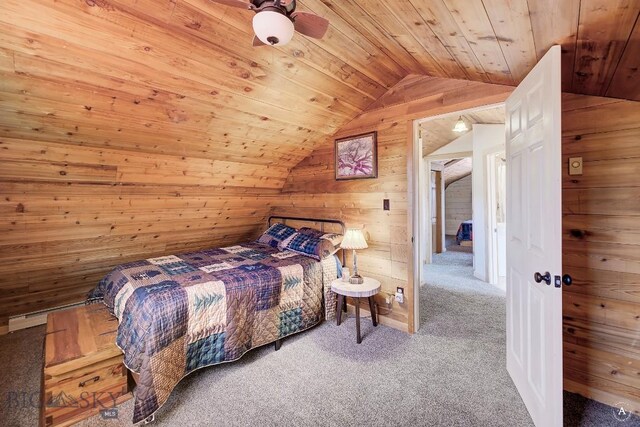 bedroom with carpet, wooden ceiling, wooden walls, vaulted ceiling, and ceiling fan