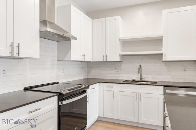 kitchen featuring open shelves, dark countertops, electric range, a sink, and wall chimney range hood