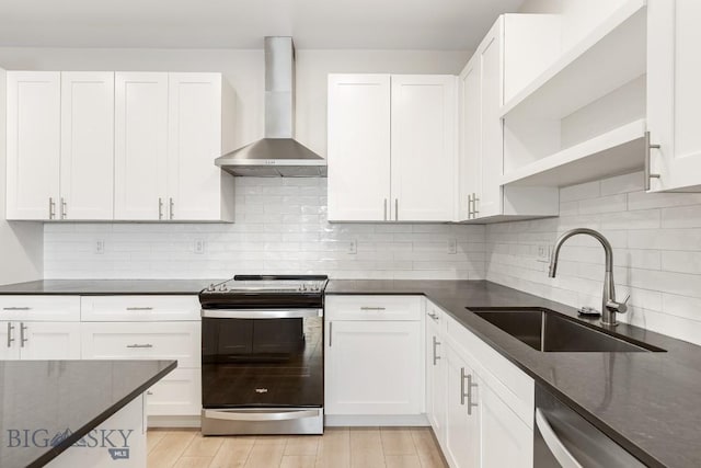 kitchen with appliances with stainless steel finishes, white cabinets, a sink, dark stone countertops, and wall chimney exhaust hood