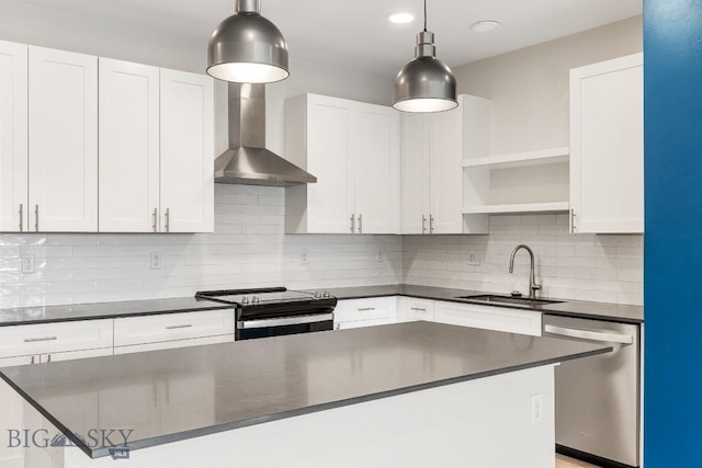 kitchen featuring dark countertops, electric range oven, a sink, dishwasher, and wall chimney exhaust hood