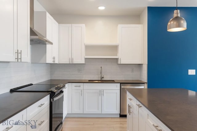 2221F Willow Unit 104, Livingston, MT 59047 - kitchen featuring electric range, a sink, dark countertops, dishwasher, and white cabinetry