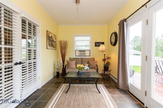 interior space featuring baseboard heating, ceiling fan, cooling unit, and ornamental molding