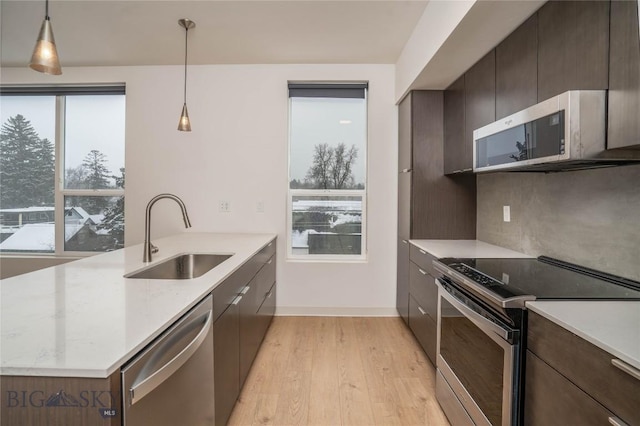 kitchen featuring appliances with stainless steel finishes, light wood-type flooring, backsplash, sink, and decorative light fixtures