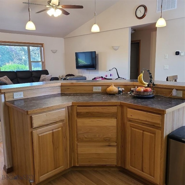 kitchen with hardwood / wood-style floors, ceiling fan, pendant lighting, and vaulted ceiling