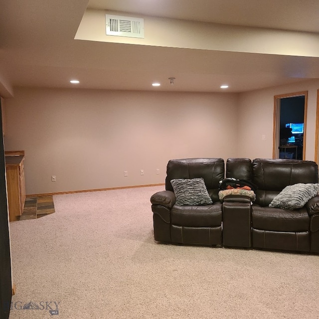 home theater featuring carpet flooring