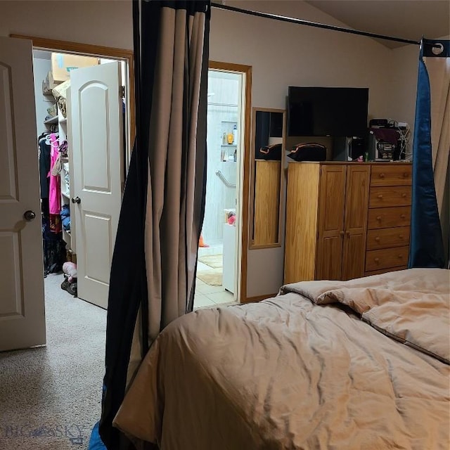 carpeted bedroom with lofted ceiling and a closet