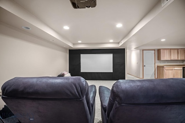 1311 Cruiser Ln, Belgrade, MT 59714 - home theater room with recessed lighting, a raised ceiling, and carpet