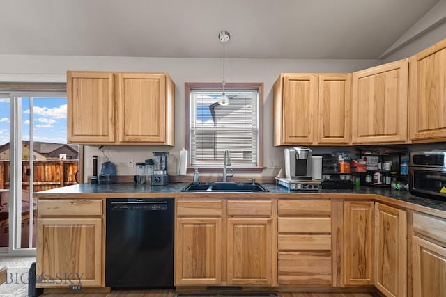 1311 Cruiser Ln, Belgrade, MT 59714 - kitchen with black dishwasher, light brown cabinets, dark countertops, and lofted ceiling
