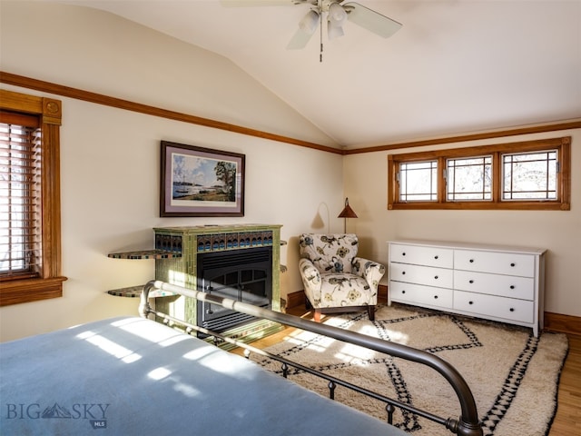 interior space featuring ceiling fan, wood-type flooring, and vaulted ceiling