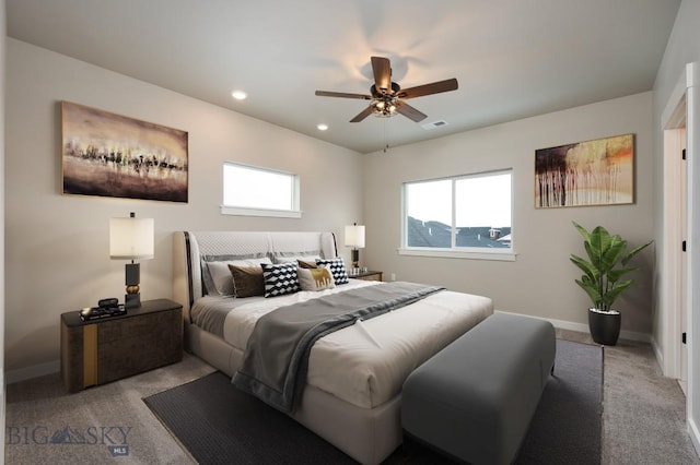 bedroom featuring visible vents, baseboards, a ceiling fan, carpet, and recessed lighting