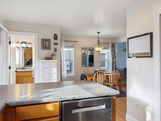 kitchen featuring stainless steel dishwasher, pendant lighting, sink, and light hardwood / wood-style flooring