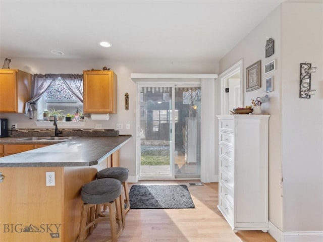 kitchen with a breakfast bar area, a wealth of natural light, sink, and light wood-type flooring