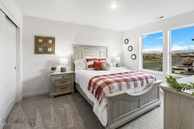 bedroom featuring dark colored carpet and a closet