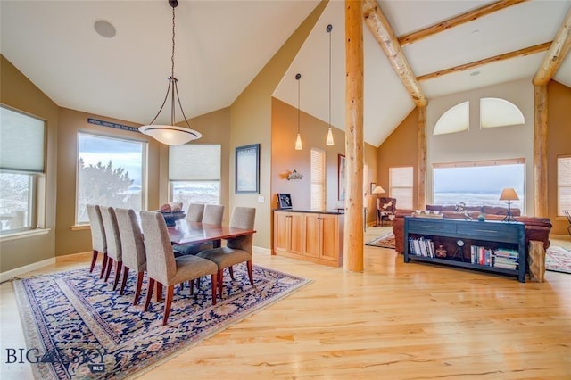 1061 Lookabout Ln, Manhattan, MT 59741 - dining area featuring plenty of natural light, light wood-style floors, beamed ceiling, and high vaulted ceiling