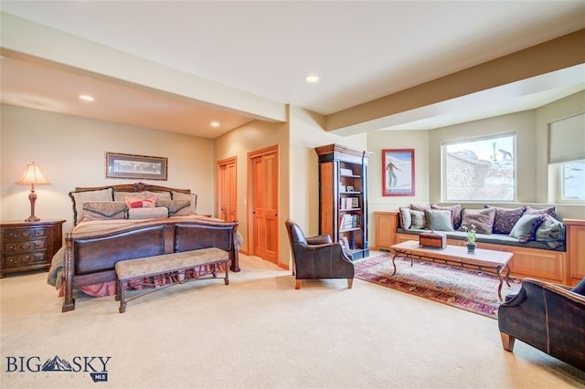1061 Lookabout Ln, Manhattan, MT 59741 - bedroom with light colored carpet, recessed lighting, and beamed ceiling